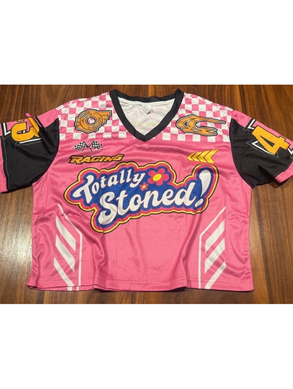 Pink Racing fun Jersey Number 43 Y2K Checkered Graphic V Neck Shirt